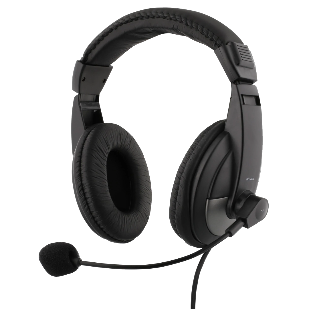 DELTACO Over-Ear Headphones with Microphone, 3.5 mm 4-Pole, Volume Control, Black