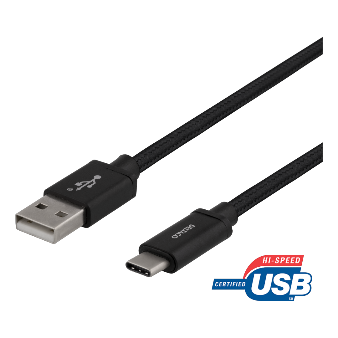 USB-A till USB-C-kabel, 2m,  USB 2.0, flätad, svart